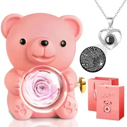 Ewige Rose Teddybär Geschenkbox mit I Love You Halskette – Überraschungsbox für Frauen, Freundin, Mutter zum Jahrestag, Geburtstag, Valentinstag
