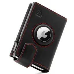 LORZOR® Slim Wallet für Airtag, Geldbörse aus echtem Leder mit Platz für 10 Karten, RFID Blocker (Schwarz-Rot)