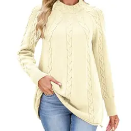 Famulily Chunky Strickpullover für Damen, Langarm Mock Neck Top, Beige (S)