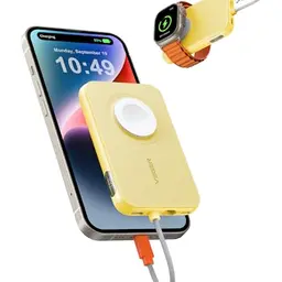 VEGER Mini Power Bank 5000mAh mit Apple Kabel - Kompatibel mit iPhone und Apple Watch (Gelb)