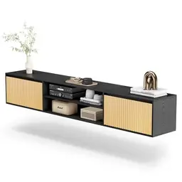 Flycity Hängendes Lowboard 180cm - Moderner Fernsehtisch mit 2 Türen, Schwebendes TV Board aus Holz, Schwarz