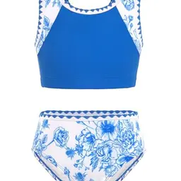 GRACE KARIN Mädchen Sommer Tankini mit Blumenmuster, Kinder Badebekleidung, Weiß, 14 Jahre