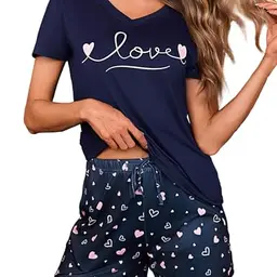 Bresdk Damen Schlafanzug Kurz mit Herzprint - Baumwolle, Kurzarm Oberteil & Pyjamahose