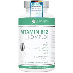 Vitamin B12 Komplex mit Folsäure, B6, B9 & C - 200 vegane Kapseln ohne Zusätze - hochdosiert aus Deutschland