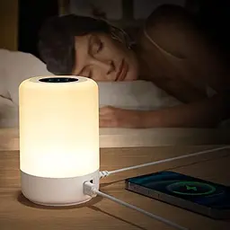 Taipow Nachttischlampe mit 4 USB-Ladeanschlüssen, dimmbar und 7 Farben, ideal für Schlafzimmer und Büro, Weiß