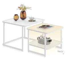 VASAGLE Couchtisch 2er-Set mit LED-Beleuchtung, quadratisch, modern, wolkenweiß-perlweiß