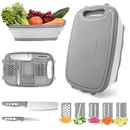 HI NINGER 9-in-1 Camping Schneidebrett – Faltbarer Küchenhelfer mit 5 Gemüseschneidern, 2 Messern & Abtropfkorb, Zubehör für Grillen & Outdoor (Grau)