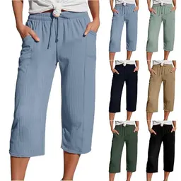 Damen Sommerhose Leinen - Leichte...Herrliche Capri-Muselin-Shirt mit Taschen, Bequem, Sportlich, Freizeit, Strand, Elastisch, Kurz, Sommer