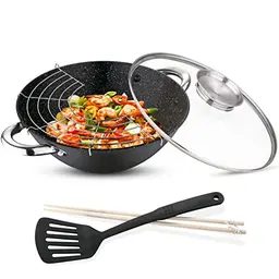 Renberg Wasabi Gusseisen Wok 28cm mit Glasdeckel, Nylonspatel und Bambus-Essstäbchen - Vielseitig für alle Herdarten