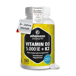 Vitamin D3 K2 5000 IE - 180 Tabletten ohne Zusatzstoffe, 2 Jahre Vorrat, Made in Germany
