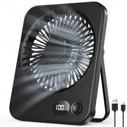 Kleiner USB Tischventilator mit 5 Stufen, 180° verstellbar, ultra-slim, bis zu 8 Std., tragbar für Büro, Reisen, Schminken, Schwarz