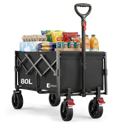 SUNULA Faltbarer Bollerwagen 80L 100kg, Geländegängig mit Bremsen, Schwarz