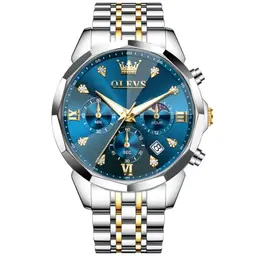 OLEVS Quarz Uhr für Männer - Luxus Chronograph mit Mondphase, wasserdicht, blaues Ziffernblatt, Edelstahlarmband