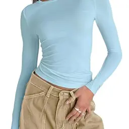 OYIGELZ Damen Langarmshirt Rundhals Basic Shirt Crop Top Casual Himmelblau XL
