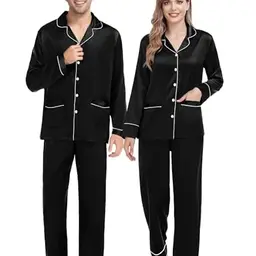 SWOMOG Pyjama-Set für Paare aus Satin, Langarm mit 2 Taschen, Schwarz, Größe M