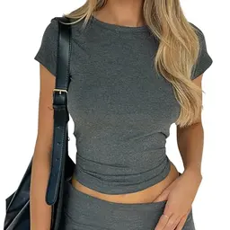 Damen Basic Kurzarm Crop Top Rundhalsausschnitt Slim Fit T-Shirts (Dunkelgrau, XL)