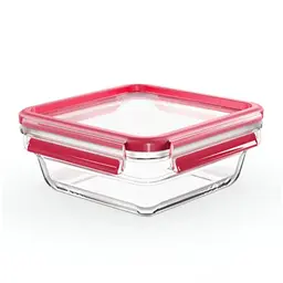 EMSA Clip & Close Glas Frischhaltedose, quadratisch, 0,8 L, 100 % dicht, rutschfest, rot/transparent