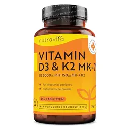Vitamin D3 & K2 Tabletten - 240 Hochdosierte Tabletten für gesunde Knochen und Immunsystem - Vegetarisch - Nutravita