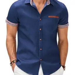 COOFANDY Herren Jeanshemd Kurzarm Blau XL - Freizeithemd mit Kariert Kent-Kragen