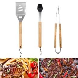 MININUSI Grillbesteck Set 3 Stück Edelstahl Grillzange, Grillbürste und Grillwender mit Holzgriffen für Camping und Outdoor