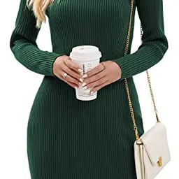 Imuedaen Damen Strickkleid Rollkragen Elegant Langarm Minikleid für Herbst Winter (Dunkelgrün, M)