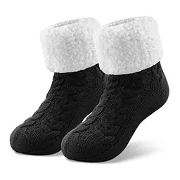 SIMIYA Kuschelsocken Damen, flauschige anti-Rutsch Wintersocken, 1 Paar (Schwarz)