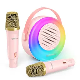 BlitzMax Karaoke Maschine für Kinder - Tragbarer Bluetooth Lautsprecher mit 2 Mikrofonen und Lichtern (Rosa)