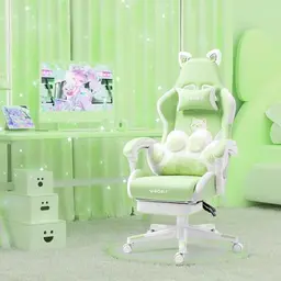 Vigosit Gaming Stuhl mit Katzenohren und Lendenkissen, ergonomisch und verstellbar, für Mädchen und Kinder, Grün