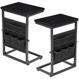 AMHANCIBLE C-Form Beistelltisch 2er Set, Holz Sofa Tisch mit Aufbewahrung, Kaffeetisch für Wohnzimmer