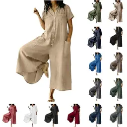 Damen Jumpsuit leichter Leinen-Overall mit Taschen, klassischer Langarm, weites Bein, vielseitig, bequem, sommerlich, stylish