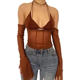 Damen Sexy Transparente Langarm Bluse Schulterfrei - Braun