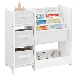 Lestarain Kinderzimmerregal mit 3 Aufbewahrungsboxen und 4 Hängefächern, Weiß, 65x60x30 cm