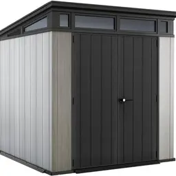 Keter Artisan 7x7 Gerätehaus – Wetterfestes Gartenhaus mit Pultdach und Doppeltüren, Ideal für Outdoor-Aufbewahrung, grau