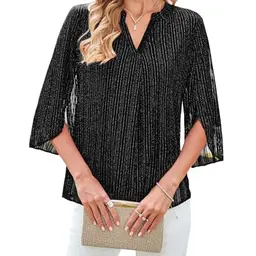 Toplop Damen Bluse V-Ausschnitt 3/4 Arm Elegant Glockenärmel Schwarz M