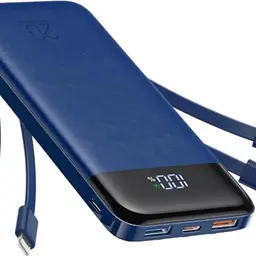 Charmast Power Bank 20.000mAh mit 4 Kabeln und LED-Display, USB C PD, kompatibel mit iPhone und Samsung (blau)