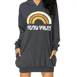 Cassiecy Damen Hoodie Kleid Pullover Langarm Herbst Mini Kleid - Rainbow, L