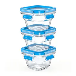 Emsa Clip & Close Glas Frischhaltedosen-Set, 3-teilig, stapelbar, 100% dicht, spülmaschinenfest, Transparent/Blau
