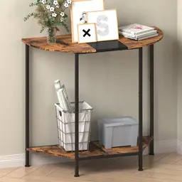Halbrunder Konsolentisch, 83 cm, schmaler Beistelltisch mit 2 Ablagen, Vintagebraun-Schwarz
