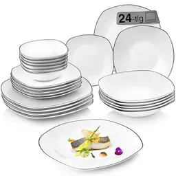 SÄNGER Kombiservice Bilgola Black Rim 24tlg, Geschirrset für 6 Personen, spülmaschinenfestes Porzellan in Weiß mit schwarzen Akzenten