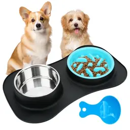 QUMENEY Rutschfester Hundenapf Set mit Edelstahlnapf und Futterlöffel für Hunde und Katzen (schwarz)