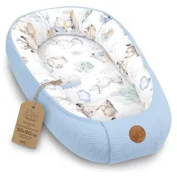 Babynest für Neugeborene - Zweiseitiges Baumwoll-Kokon 50x90 cm mit Tiermotiven in Blau