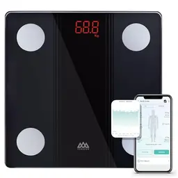 SENSSUN Körperfettwaage mit App & Bluetooth, Körperanalyse, 150 kg, LED-Display, 26x26 cm, Schwarz