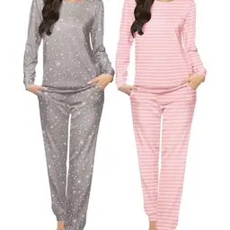 Ekouaer Damenschlafanzug 2-teilig Frottee Langarm Nachthemd Winter Lounge Set mit Sternen und Streifen