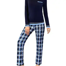 Marvmys Damen Schlafanzug Lang Baumwolle Zweiteilig mit Langarm Shirt und Karierter Pyjamahose Blau