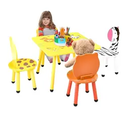 Kindertisch mit Stühlen - Gelb Orange Weiß - Tierdesign - Für Spielen, Malen und Essen - 60x60x43 cm