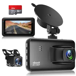 Abask Dashcam 2K+1080P für Auto mit 32GB Karte, 3'' Display, Parküberwachung, Nachtsicht und G-Sensor