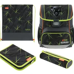 Herlitz Schulranzen Set 4-teilig Loop Wild Life Schwarz 17l für Kinder, Jungen & Mädchen, ergonomisch, leicht, 1. Klasse