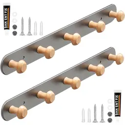 Kleiderhaken aus Holz - 2 Stück, 5 Haken für Garderobe, Küche, Flur, Badezimmer, Schlafzimmer, grau