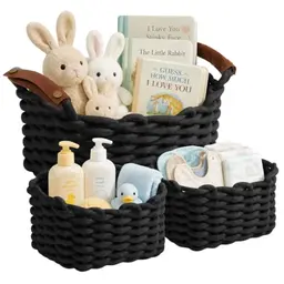 IHAYNER Aufbewahrungskorb Set aus Baumwollseil, rund, stapelbar, für Badezimmer, Wohnzimmer, Schlafzimmer, weiß (Schwarz, Groß + 2Klein)