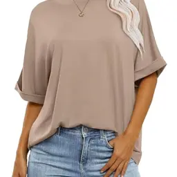 Cuptacc Damen Oversize T-Shirt - Elegante Kurzarm Bluse in Khaki, Größe S (34-36)